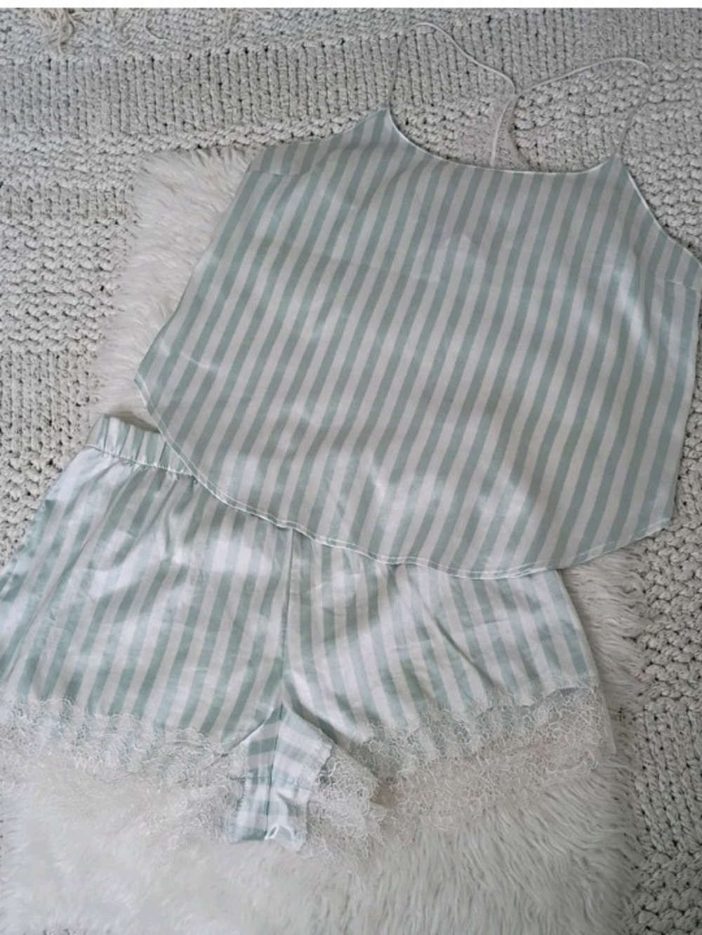 Victoria's Secret Women’s Striped Satin Mint Camisole And Shorts Pajama Set